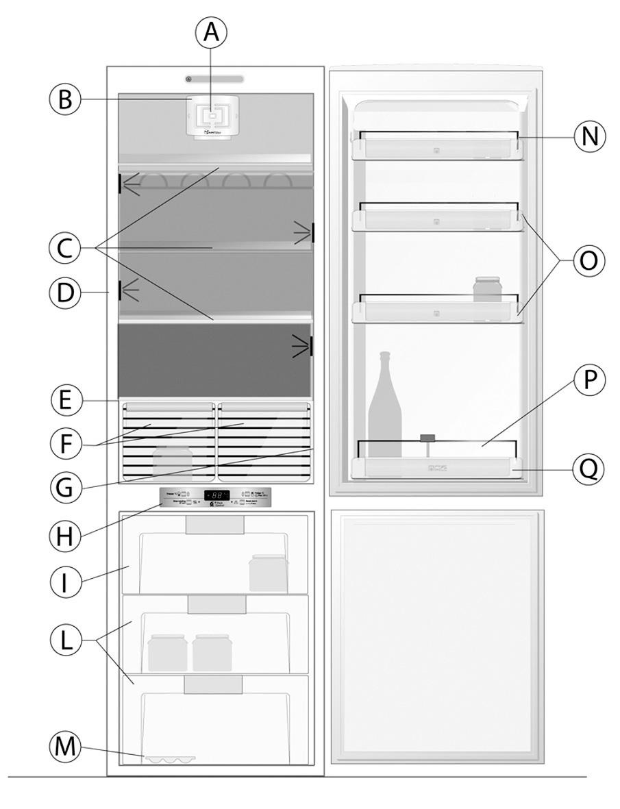 Snabbguide Läs noga igenom bruksanvisningen innan du använder produkten. Kyldel A. Fläkt och antibakteriefilter och luktfilter (beroende på modell) B.