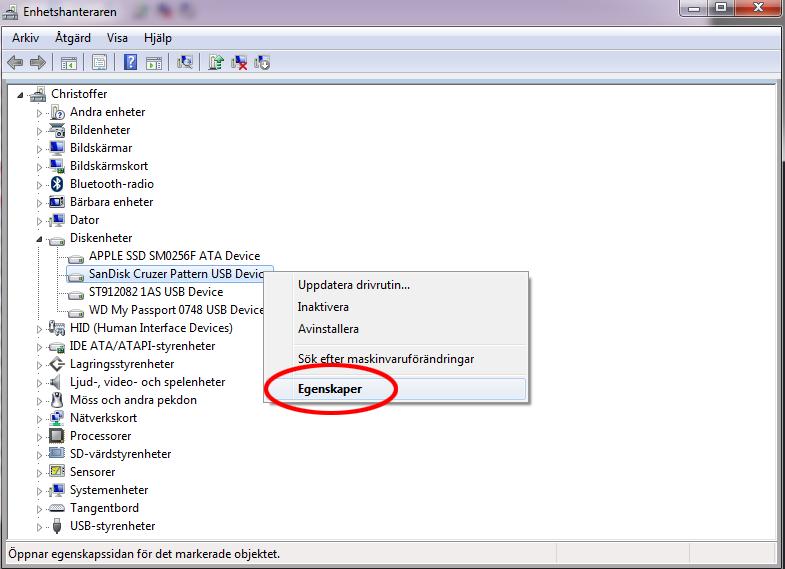 2. Väl inne i Enhetshanteraren klickar du på Diskenheter. Ditt USB-minne eller din externa hårddisk bör synas någonstans bland enheterna i listan. Högerklicka på din enhet och välj Egenskaper. 3.