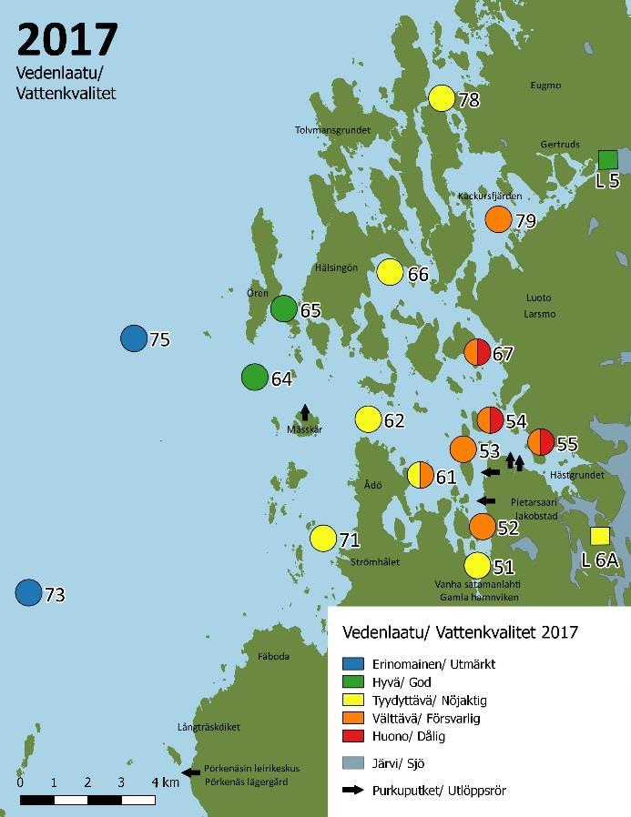 24 Figur 24. Vattenkvalitetsparametrarna för den ekologiska klassificeringen enligt uppdaterade kriterier (Aroviita m.fl. 212) på basen av vattenkvalitetsparametrarna år 217 och perioden 213 217.