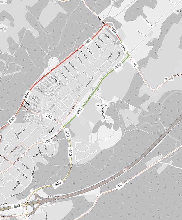 Figur 4 Beräknad trafik år 2040 (fordon/vardagsdygn) om Kyrkvägen är avstängd.