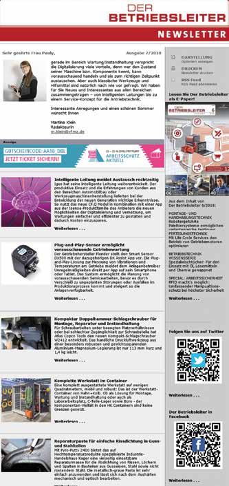 NEWSLETTER Porträt I Preisliste Werbeformen 1PFN 1 Porträt 1 Name: Der Betriebsleiter Newsletter 2 Kurzcharakteristik: Der Newsletter von DER BETRIEBSLEITER berichtet topaktuell über Trendthemen im