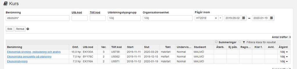 Summering på kurstillfällen När du sökt fram kurstillfällen och fått mer än en träff kan du välja att visa en summering av studenternas deltagande på de kurstillfällena som listas.