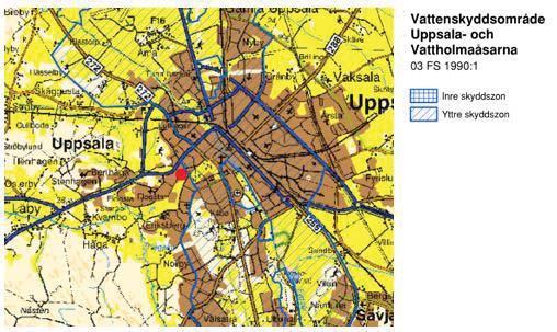 Figur 2: Skyddsområde Uppsala- och Vattholmaåsarna. Studentvägen är markerad i rött.