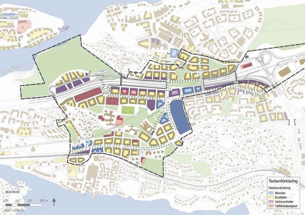 Karta med utvecklad kvarters-och gatustruktur framtagen med utgångspunkt i inriktningen för överdäckning, bussterminal och trafikplatser samt det antagna