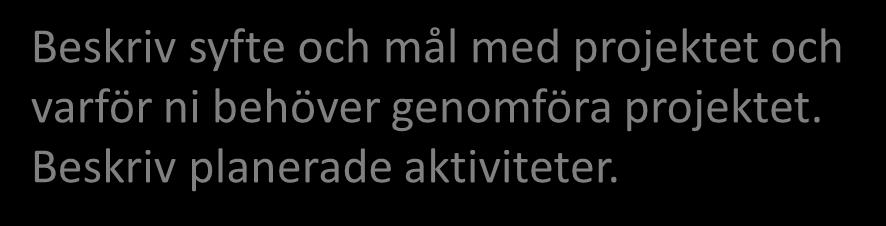 Fliken Allmänna uppgifter Beskriv syfte och mål med projektet och varför ni behöver genomföra projektet.