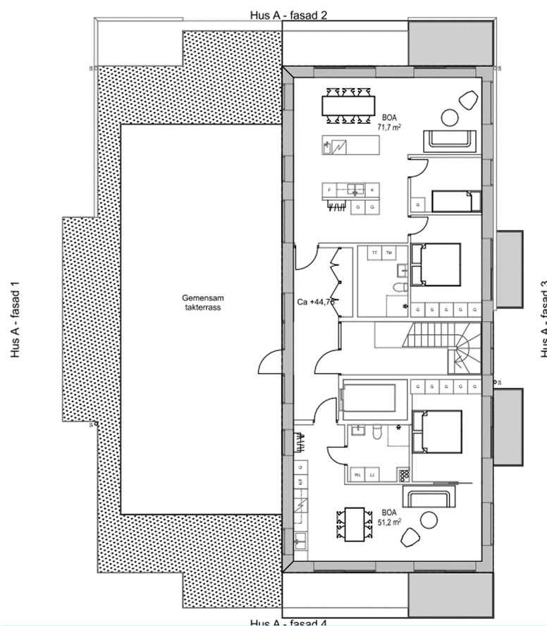 För två lägenhet mot norr på plan 4-5 samt två