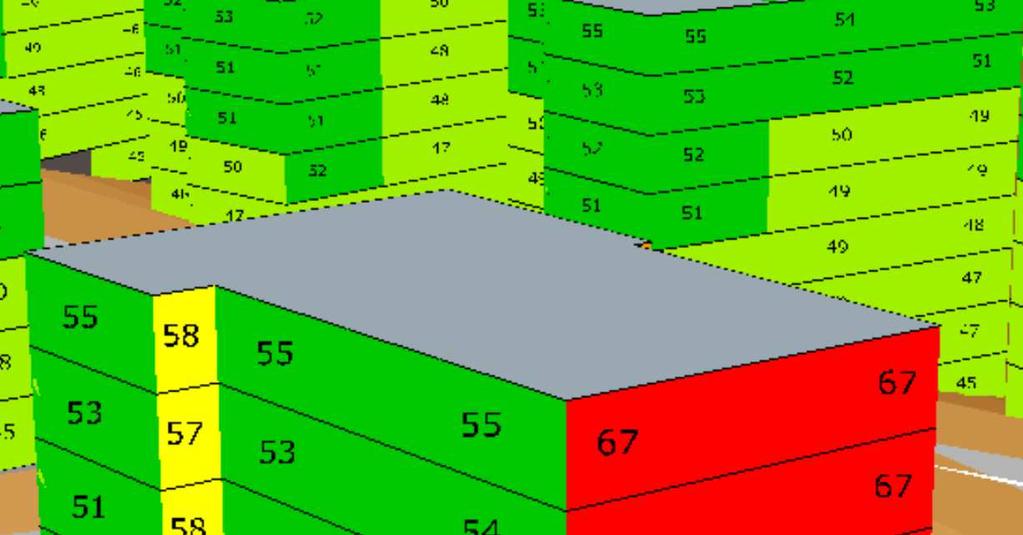 Färgmarkeringar avser högst beräknad ekvivalent ljudnivå för respektive fasad på plan, efter