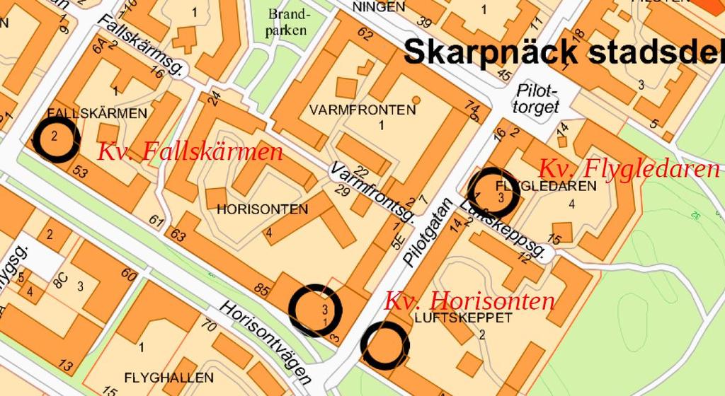 2.2 Ny exploatering i Skarpnäck Gård På kartan nedan visas placeringen av de parkeringshus som utreds för vidare exploatering i den här utredningen.
