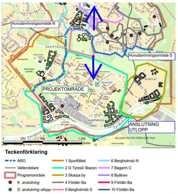 3.2.2 Markavrinning planområdet och utlopp Kartan nedan visar hur utredningsområdet (inringat i grönt) avvattnas söderut mot Tyresövägen (väg 229).