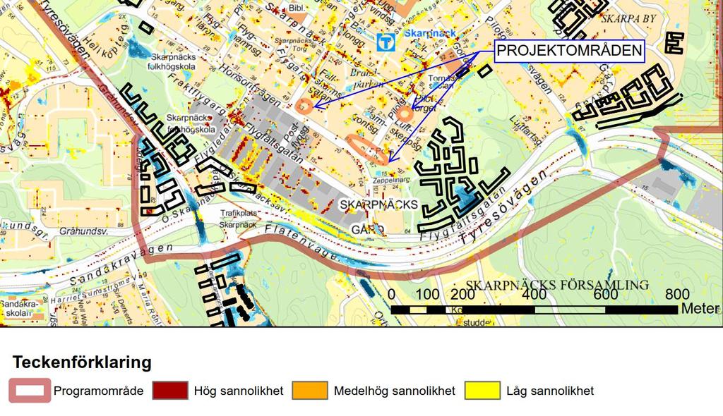 3.2.3 Riskområde översvämning En kartering över riskområden för översvämning presenterades i rapporten Planprogram Bagarmossen Skarpnäck (Sweco, 2016-09-12).