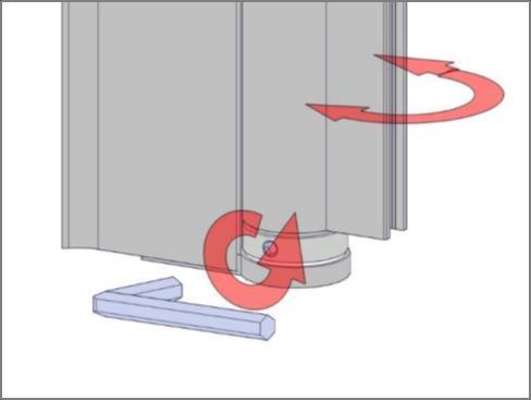 i nedre gångjärnen. Genom att lossa på de två insexskruvarna frikopplas dörrens stängningsläge.