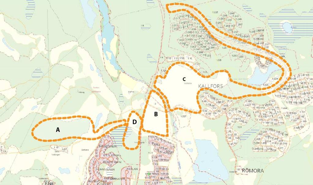 1 Inledning och syfte Järna kommundelsnämnd beslutade den 5 april 2016 om planuppdrag för fyra detaljplaner i Kallfors, se Figur 1. Exploatör för de fyra områdena är Rudsjön Entreprenad.