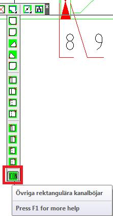 I ikonmenyn under Rektangulär kanalböj hittar du höjdförändringsmarkeringarna Vinkel upp. Placera dessa mellan punkt 9 och 10.