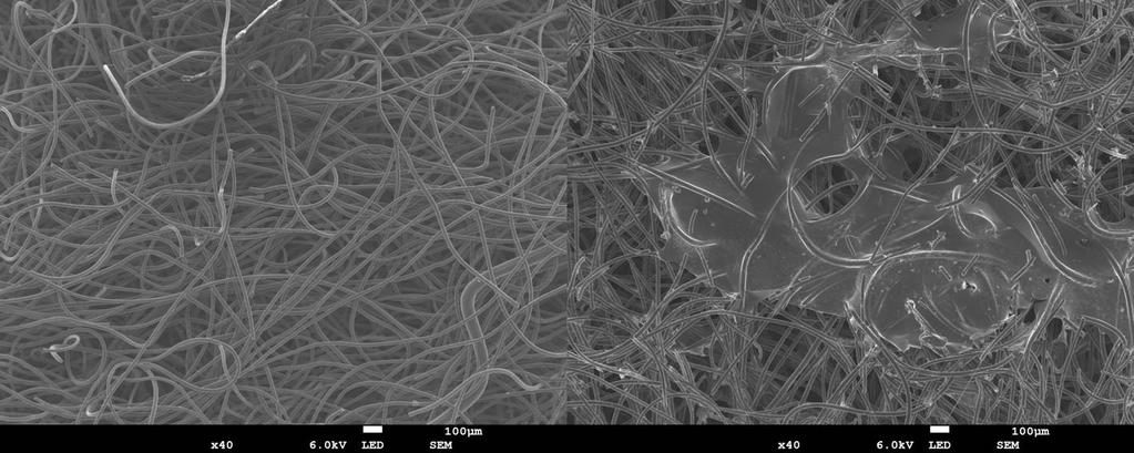 Figure 28 SEM micrographs of bare and PEDOT:PSS dip-coated carbon felts with magnification of X40 (left to right) PEDOT: PSS film patches also appeared in pores and between the fibers.
