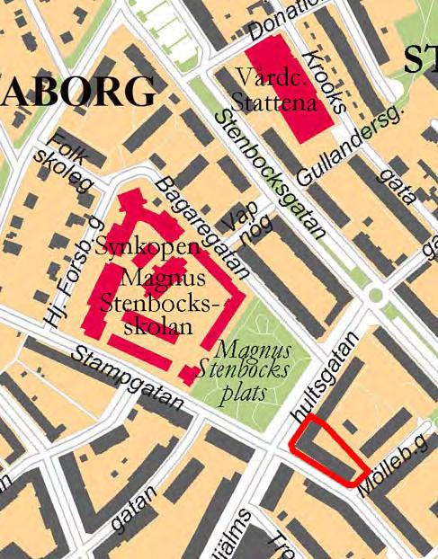 Området tillhör stadsdelen Tågaborg. I nordväst ligger Magnus Stenbocks plats och skola.