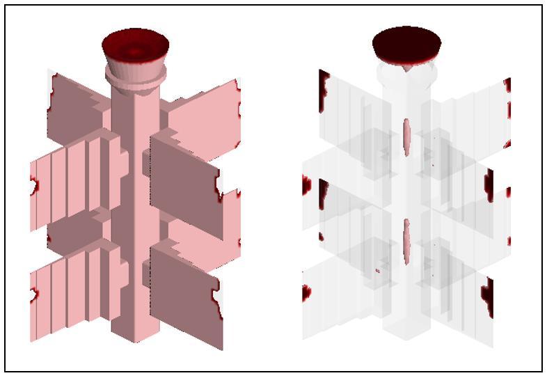 Figur 36 Simuleringsresultat av scenario 2.2 med indata enligt 4.5.2.2. Solid vy visar gjutfel i form av flytfel (bilden till vänster) medan Transparent vy visar både flytfel och sugningar(bilden till höger) 5.