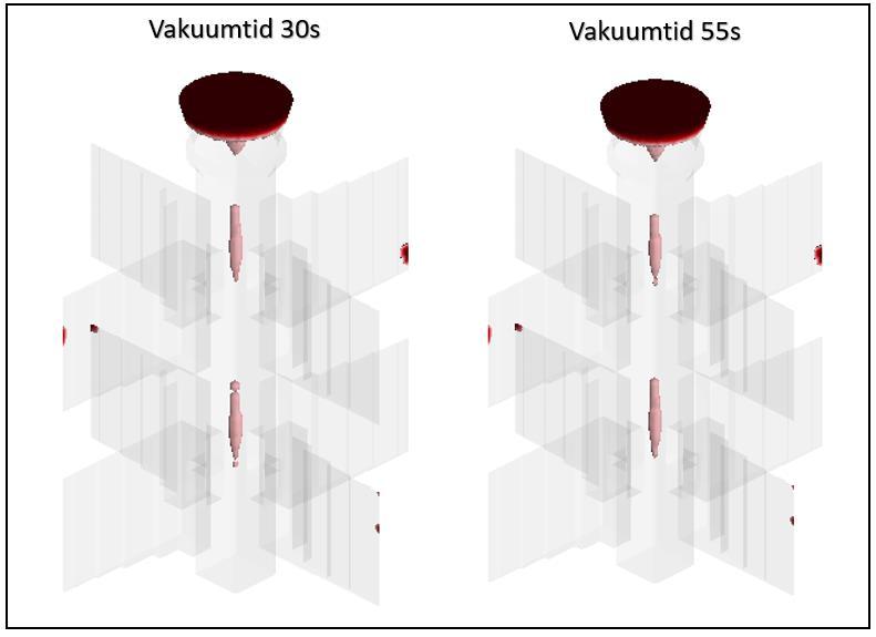 Figur 42 Transparent vy av simuleringsresultat med vakuumtid på 30 sekunder (bilden till vänster) och 55 sekunder