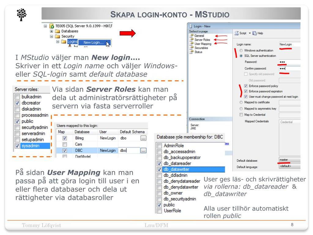 För att skapa en nytt login-konto så måste följande anges: Namn Windows eller SQL - Server inloggning Lösenord för SQL - Server inloggning Policy för lösenord Default databas.