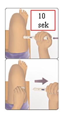3 3 Injicera Tryck på den blå aktiveringsknappen med tummen för att starta injektionen. Ett klick hörs när injektionen påbörjas.