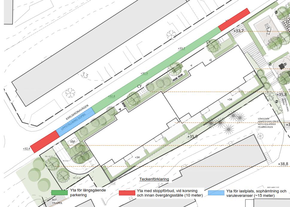 parkeringsplatser kommer att försvinna utmed Karlskronavägen kopplat till bostadshusbebyggelsen.