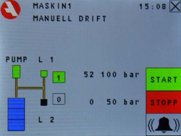 För att nollställa antalet smörjningar på nedre raden, tryck: MANUELL DRIFT På denna sida kan båda linjerna trycksättas manuellt för att underlätta felsökning mm.