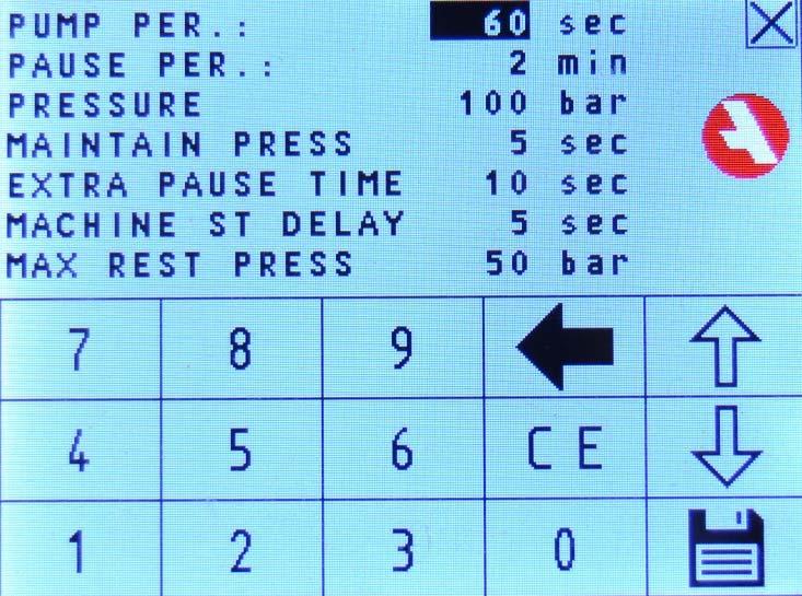 SETTINGS Set the pump period, pause period and pressure. The pressure setting is only used if the system has pressure transducers connected.