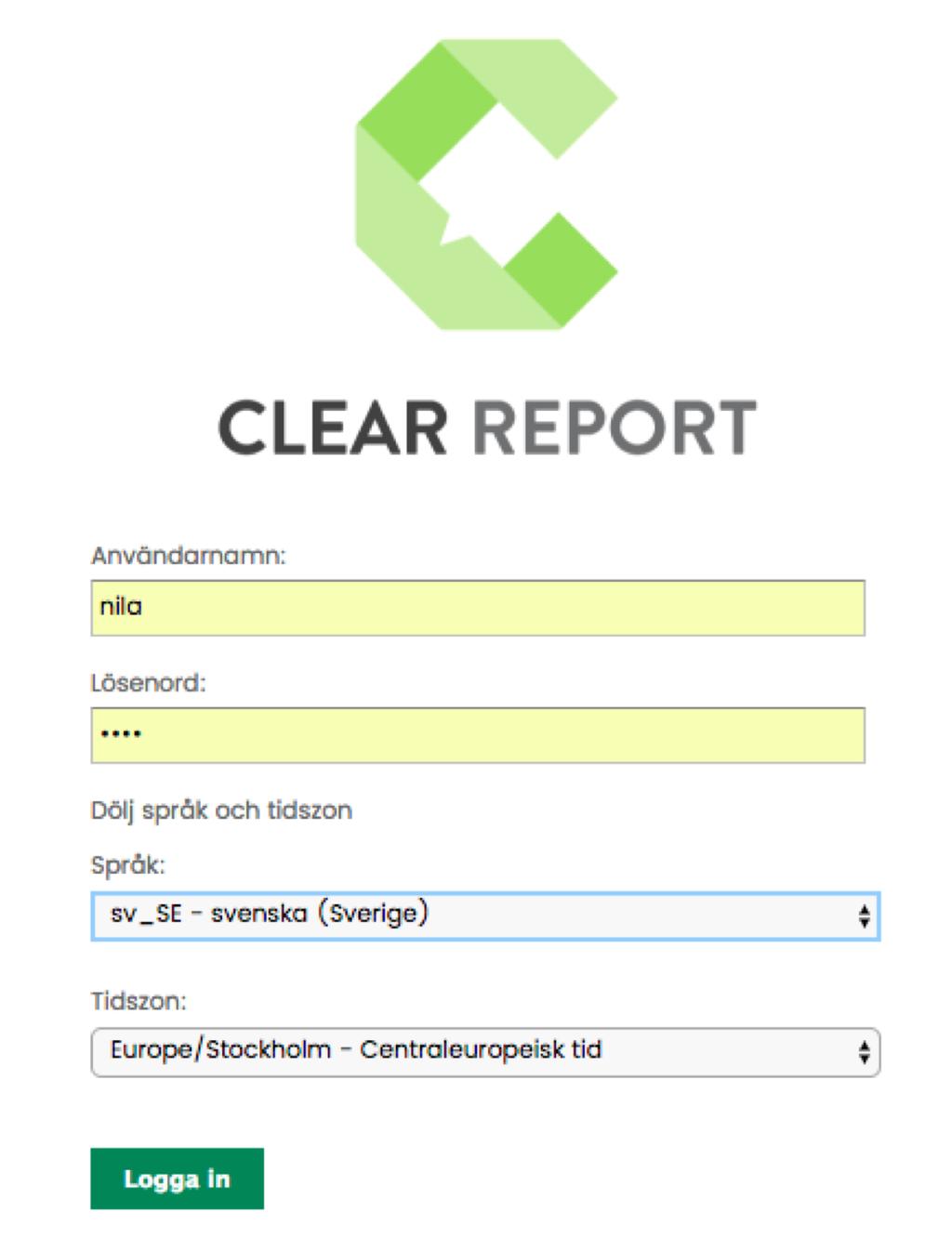ClearReport Logga in Starta en webbläsare När inloggningssidan har