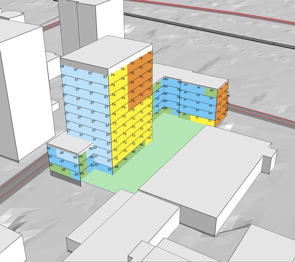 BERÄKNAD LJUDUTBREDNING Beräknade ljudnivåer från spårtrafik 3D-vy från syd Prognosår 2040 MAXIMAL LJUDNIVÅ, Lmax Frifältsvärden vid fasad < 55 55-60 60-65 65-70 70-75 75-80 80-85