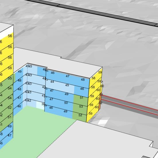 För att innehålla gällande riktvärden erfordras att lägenheterna med fasad mot Södra Järnvägsgatan utförs som genomgående, där minst hälften av bostadsrummen är vända mot ljuddämpad sida mot