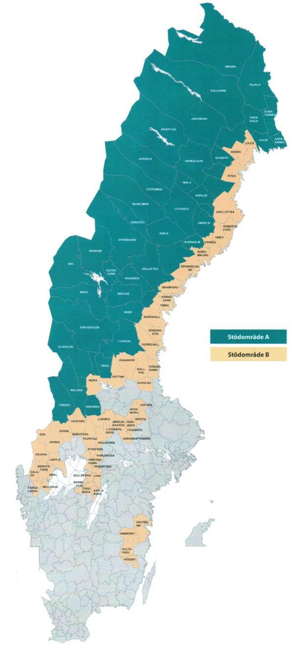 4 Den karta som återfinns här ovan visar inte det exakt avgränsade stödområdet från 1965 men i stort är det ungefär samma område som idag gäller för stödområde A Norrlands eller skogslänens inland