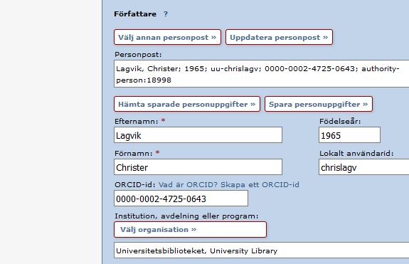 Följande instruktioner gäller för exemplet Artikel i tidskrift. Se sista sidan i lathunden för fält som är specifika för andra publikationstyper. Fält med röd markering är obligatoriska att fylla i.