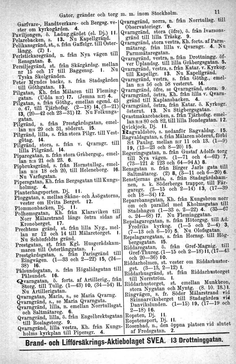 Gator, gränder och torg m. m. inom Stockholm. 11 Garfvare-, Handtverkare- och Bergsg. ve- Qvarugränd, norra, n. från Norrtullsg. till ster om kyrkogården. 4. Observ.atoriegr. 6. ".Paviljongen, ö.