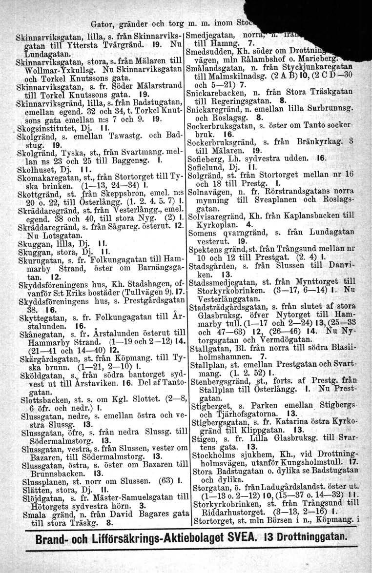 Gator, gränder och torg m. m. inom Sto. Skinnarviksgatan, lilla, s. från Skinnarviks- Smedjegatan, norra, H. gatan till yttersta Tvärgränd. 19. Nu till Hamng. 7. Lunda~atan... Smedsudden, Kh.