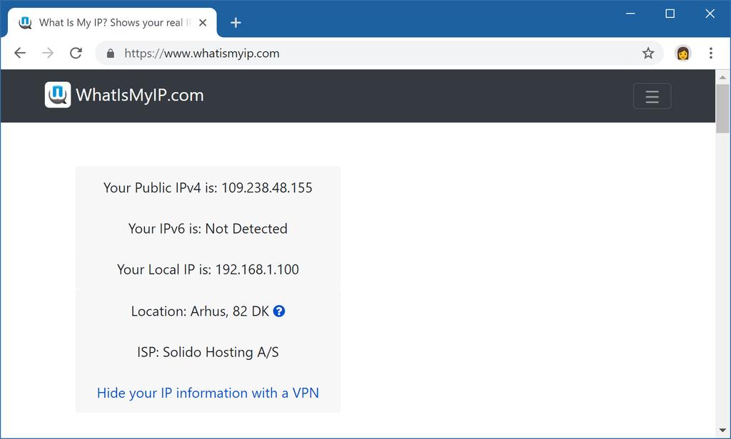 VPN-tjänstens IP-adress What is my IP ser VPN-tjänstens IP-adress i stället för vår (jämför med bilden i kapitel 14.1 när VPN-tunneln är avslagen).