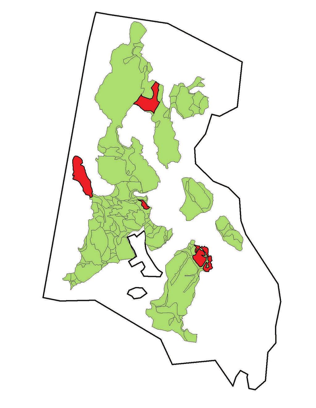 a b Figur. Exempel på geografisk uppföljningsstruktur för ett storområde (Trossö-Kalvö-Lindö). a) Uppföljningsytor av olika naturtyper (olika färger) i storområdet.