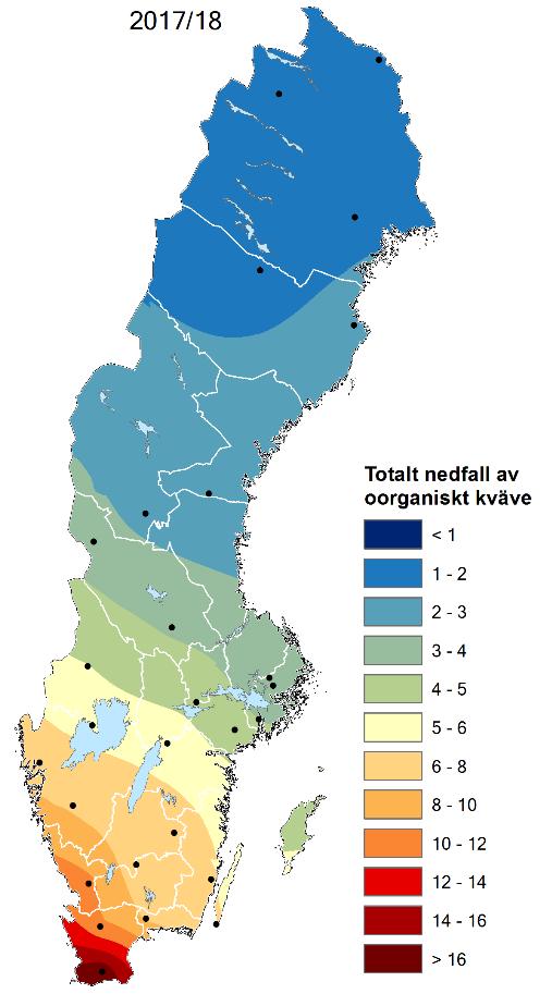 A B Figur 7. Nedfall av oorganiskt kväve (NO3 + NH4) under det hydrologiska året 2017/18. A. Uppmätt nedfall till öppet fält. B. En geografiskt interpolerad karta över beräknat totalt nedfall (torr- och våtdeposition).