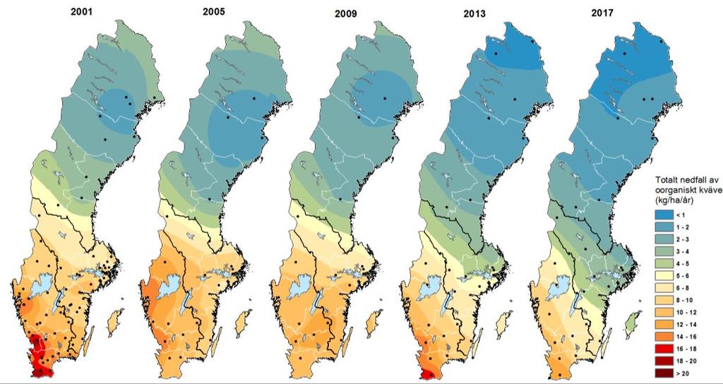 (2018a). Interpolering har gjorts med Krigingmetodik. Totaldepositionen av kväve finns beräknad för alla kalenderår sedan 2001 (Karlsson m.fl., 2018a samt http://sverigesmiljomal.