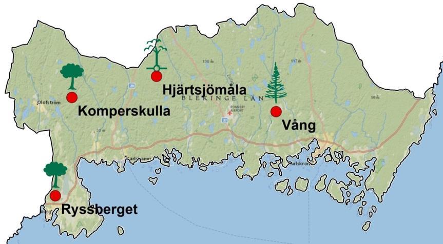 Krondroppsnätet bedriver mätningar vid fem mätplatser i Blekinge län (Tabell B1.1). Tabell B1.1. Aktiva mätplatser i Blekinge 2017/18.