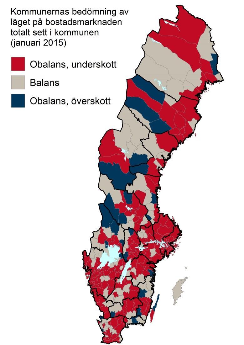 8 Bostadsmarknadsenkäten 2015 I de kommuner som uppger att det råder underskott på bostäder bor cirka 82 procent av Sveriges befolkning, medan kommuner med balans respektive överskott representerar