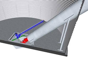 En silo med plan botten kan förses med en rörlig sveperskruv (1) kombinerad med en dragande Wheatheart-spannmålsskruv. Sveperskruvens kapacitet är högst 25 t/h.