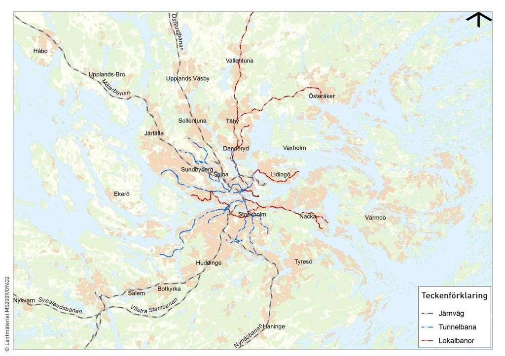 Figur 22 Illustrerar spårnätet i Stockholmsregionen. Busstrafiken i Stockholm är omfattande och täcker en stor del av länets yta.