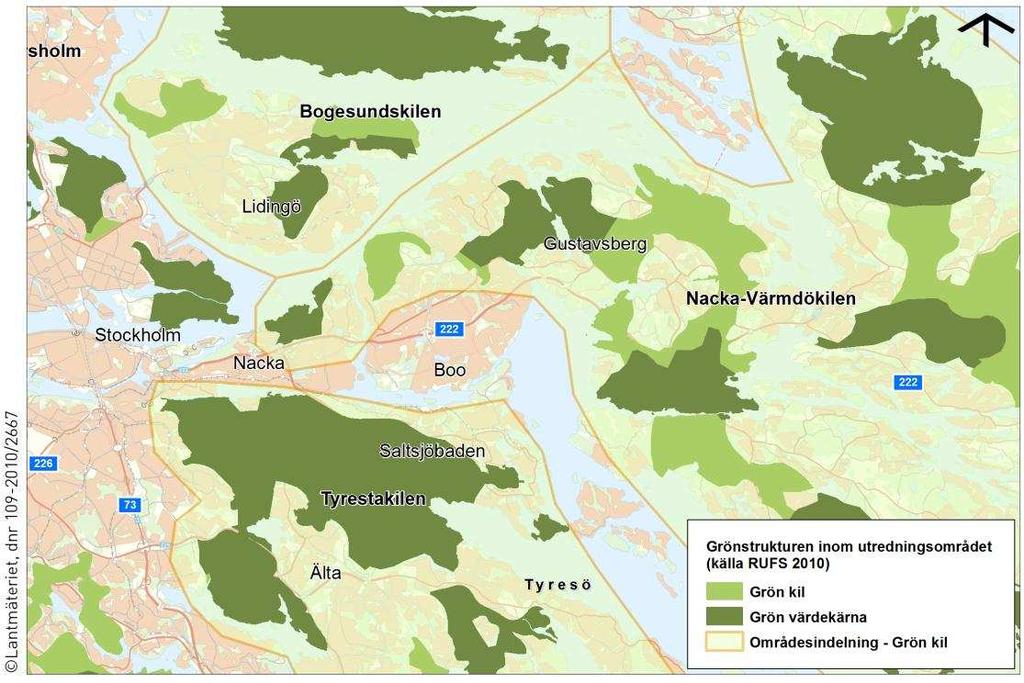 Figur 29 Visar grönstrukturen inom utredningsområdet. Nedan ges en generell beskrivning av vad de skyddsvärda intressena innebär.