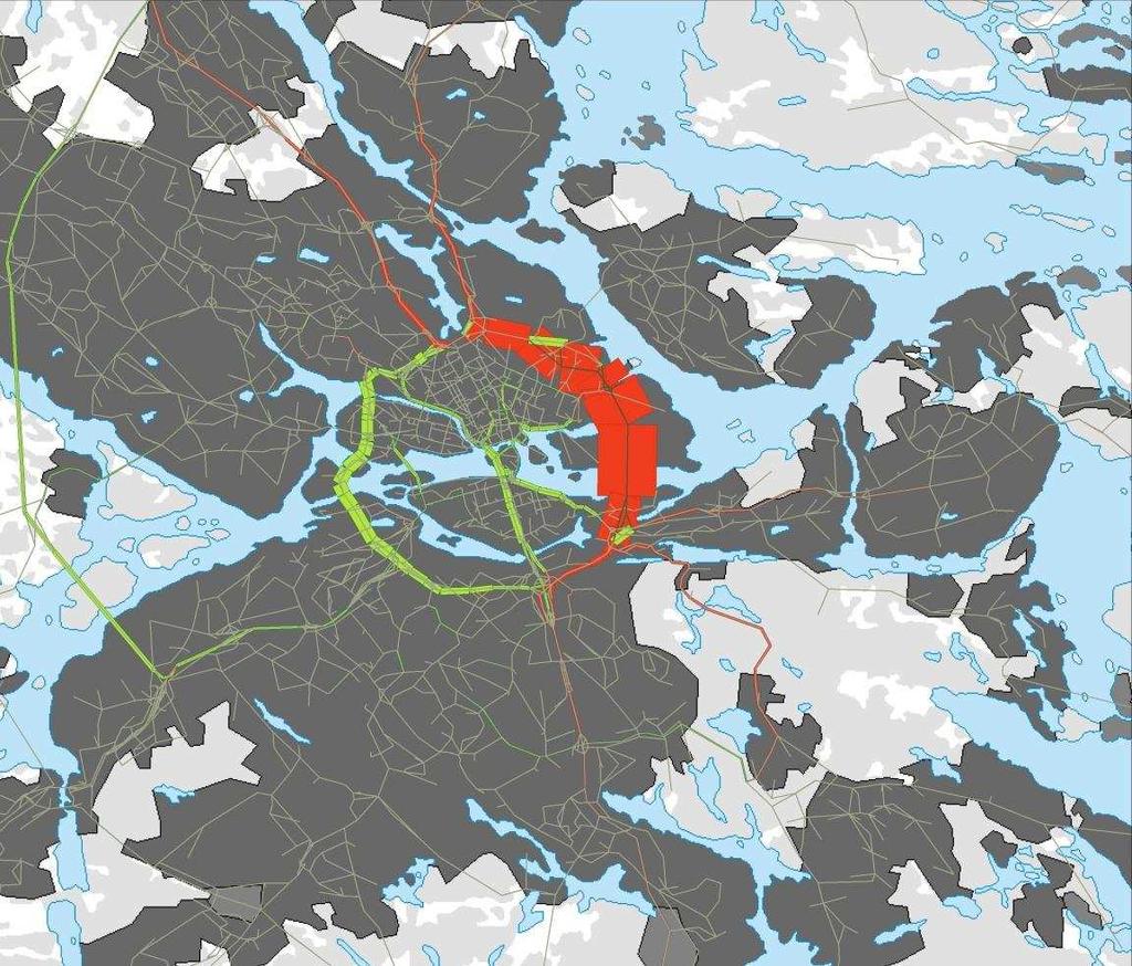 Figur 47 Röd markering visar på länkar där trafiken ökar medan gröna länkar får minskad fordonstrafik vid bygget av en Östlig förbindelse.