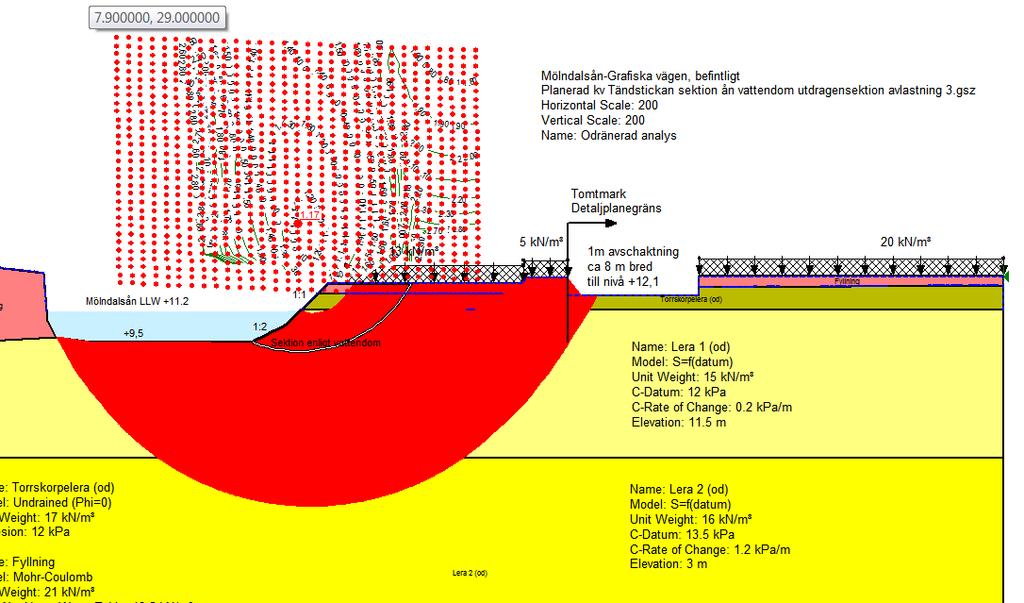 Uppdragsnr: 595620 Kv Tändstickan 2 10 (12) Figur 5. 1 m avschaktning i läge för planerade huskroppar. Glidytor F c < 1,6 visas i rött.