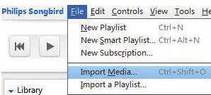 Importera mediefiler Importera mediefiler från andra mappar I Philips Songbird gå till File (Arkiv) > Import Media (Importera media) för att välja mappar på datorn.