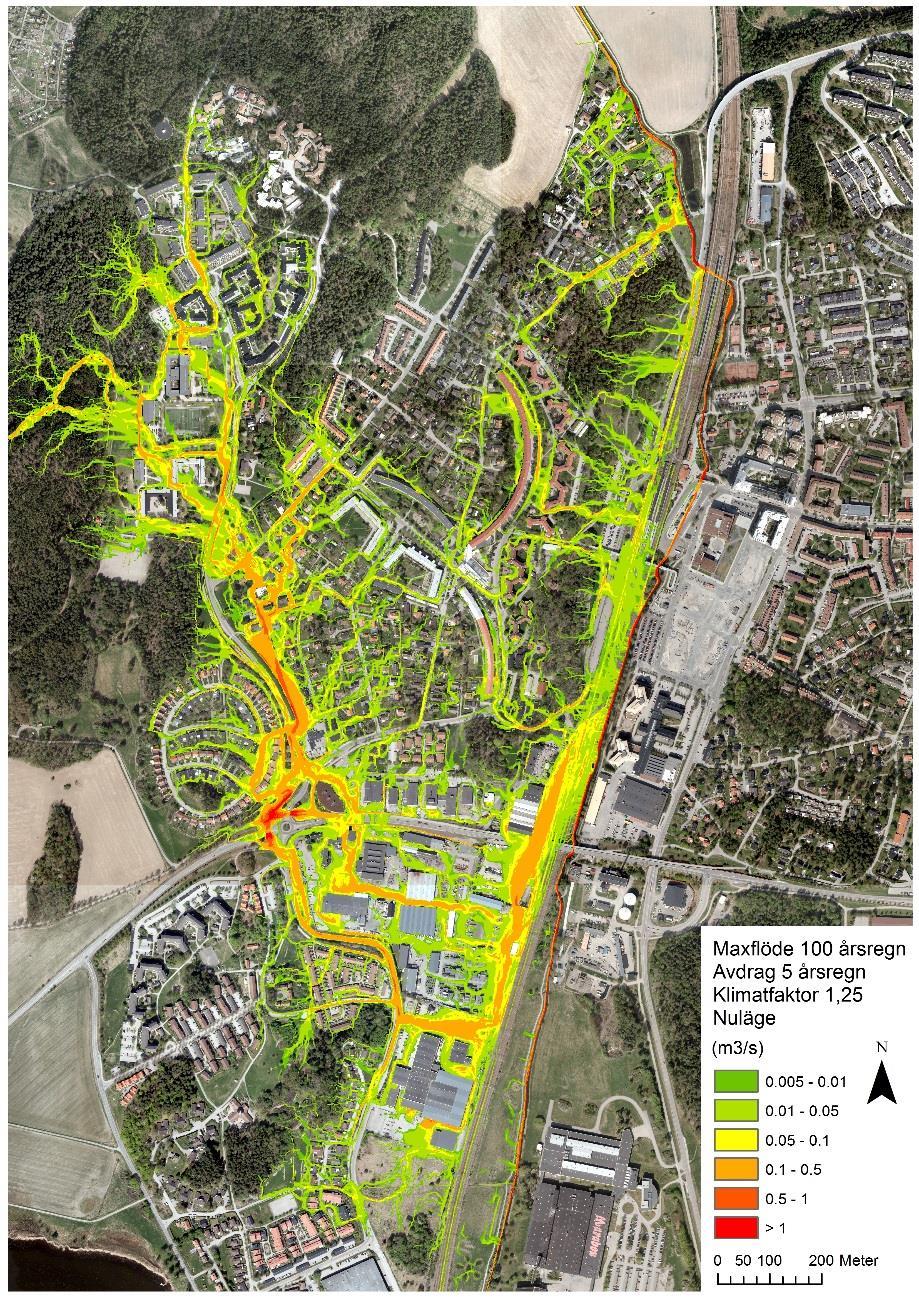 Figur 8. Maximalt flöde vid 100-årsregnet, klimatfaktor 1,25. Avdrag för 5-årsregn. Nuläge.