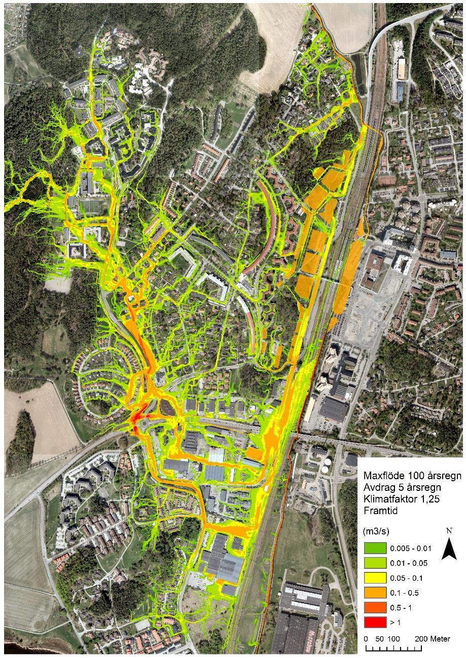 Figur 10. Maximalt flöde vid 100-årsregnet, klimatfaktor 1,25. Avdrag för 5-årsregn. Exploaterat Väsby Entré.