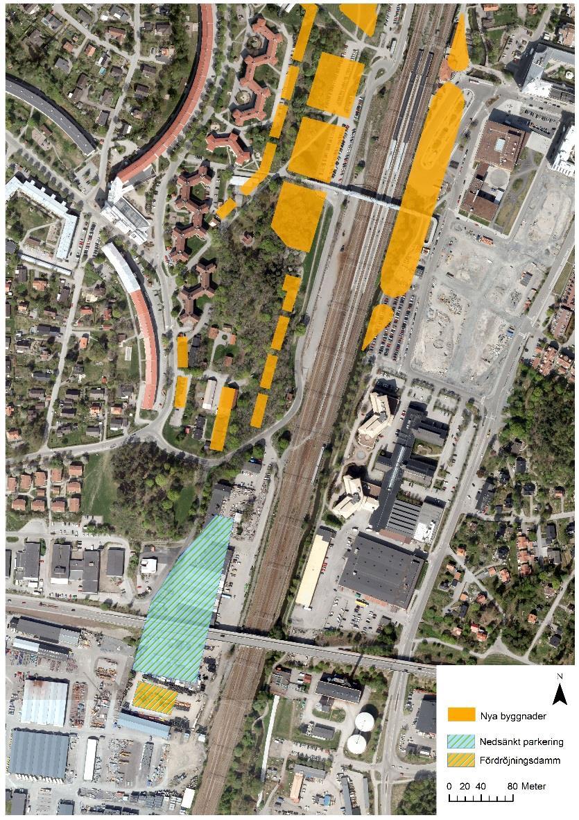 ökade flödesvolymen som kommer nå området har två fördröjningsytor planerats och lagts in i framtidsmodellen. Ytorna består av en nedsänkt parkering och en djupare fördröjningsdamm.