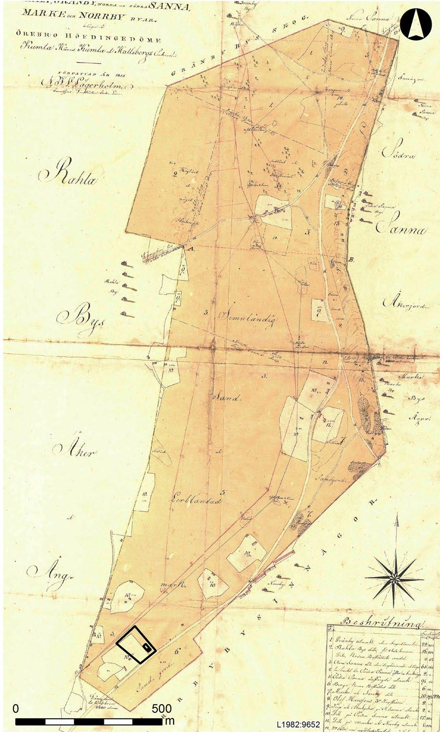 Spår av medeltid i Södra Sanna 8 Figur 3. Karta över Sanna-fältet från år 1815.