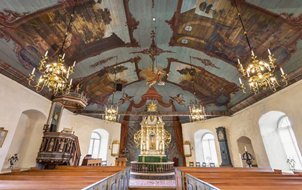 Sommarens boktips! Mellan himmel och helvete Bemålade kyrktak i Göteborgs stift 1697 1812 Ale-Skövde kyrka Foto: Ola Erikson En blick upp i kyrkans takvalv. Vad ser du?
